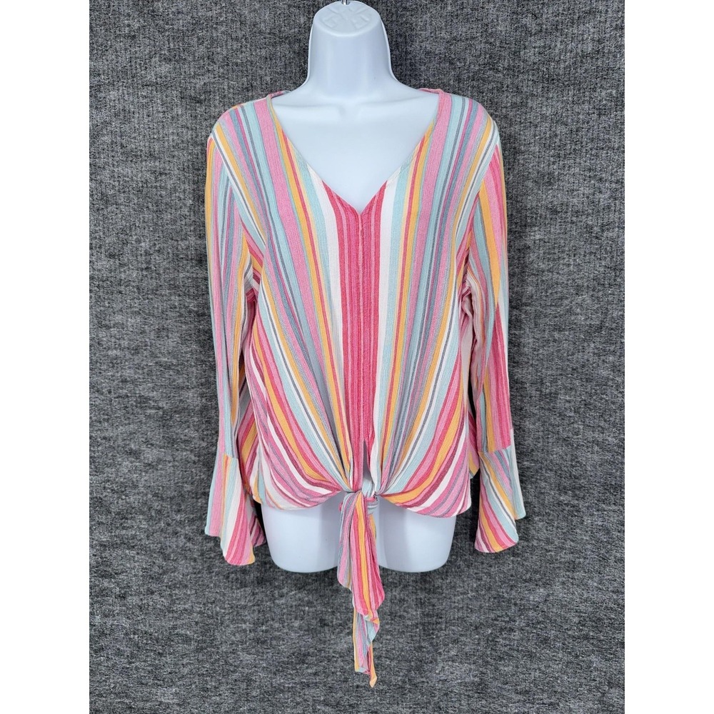 Entro Blouse Womens L‎ Multicolor Stripe V Neck Long Bell Sleeve Tie Front Top